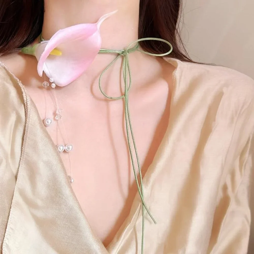 Flower Necklace Women Calla Lily Pearl Tassel Adjustable Ribbon Jewelry - Picture 4 of 6